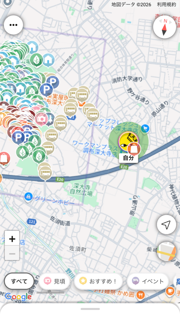 イラストマップの表示範囲外に出た場合でも、現在地が地図上に表示されている様子